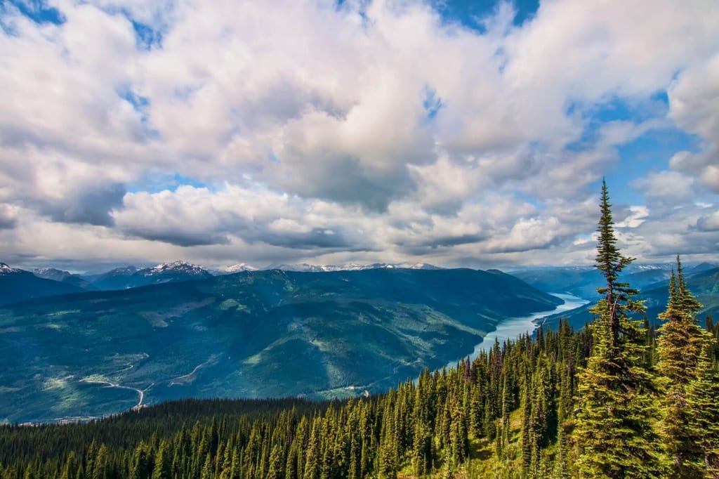Panoramablick auf bewaldete Berge und ein Tal mit Fluss im Mount-Revelstoke-Nationalpark unter Wolken