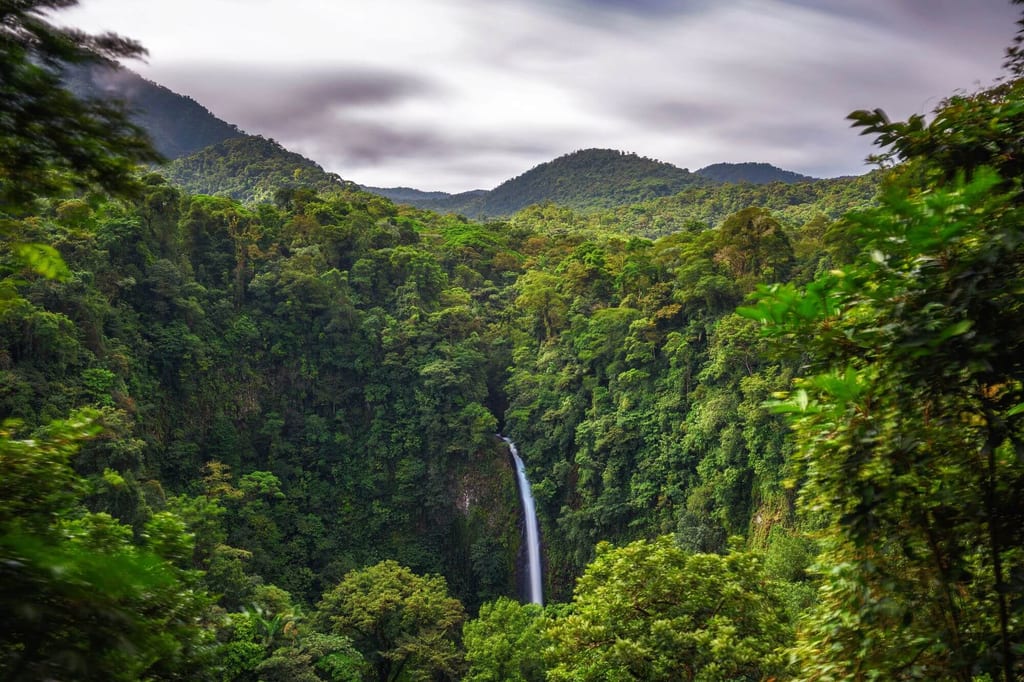 Blick in ein dicht bewaldetes Tal mit schmalem Wasserfall und bewaldeten Hügeln unter bedecktem Himmel.
