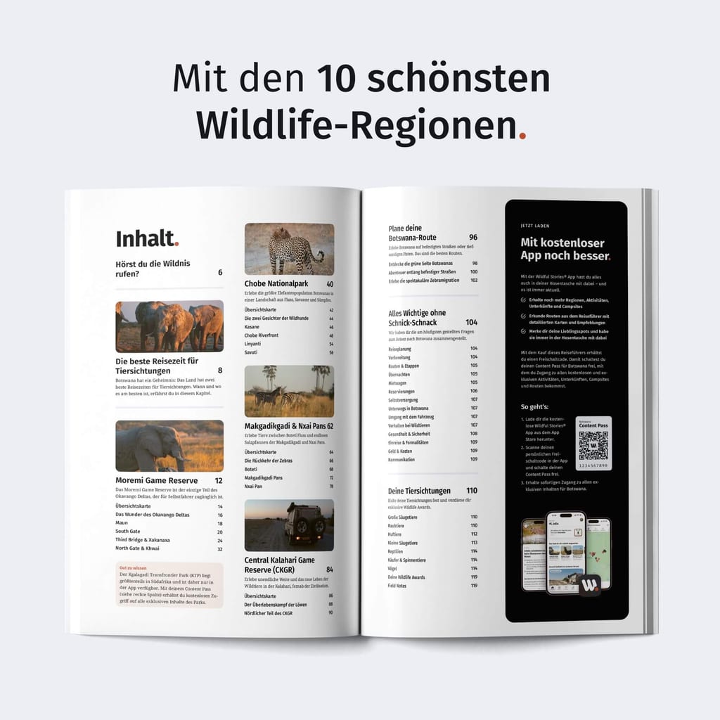 Aufgeschlagene Magazin-Doppelseite mit Inhaltsverzeichnis zu Wildlife-Themen und mehreren Tierfotos