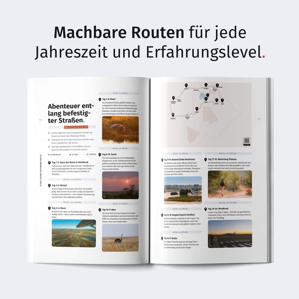 Aufgeschlagene Reisemagazin-Doppelseite mit Text, Karte und mehreren kleinen Landschaftsbildern.