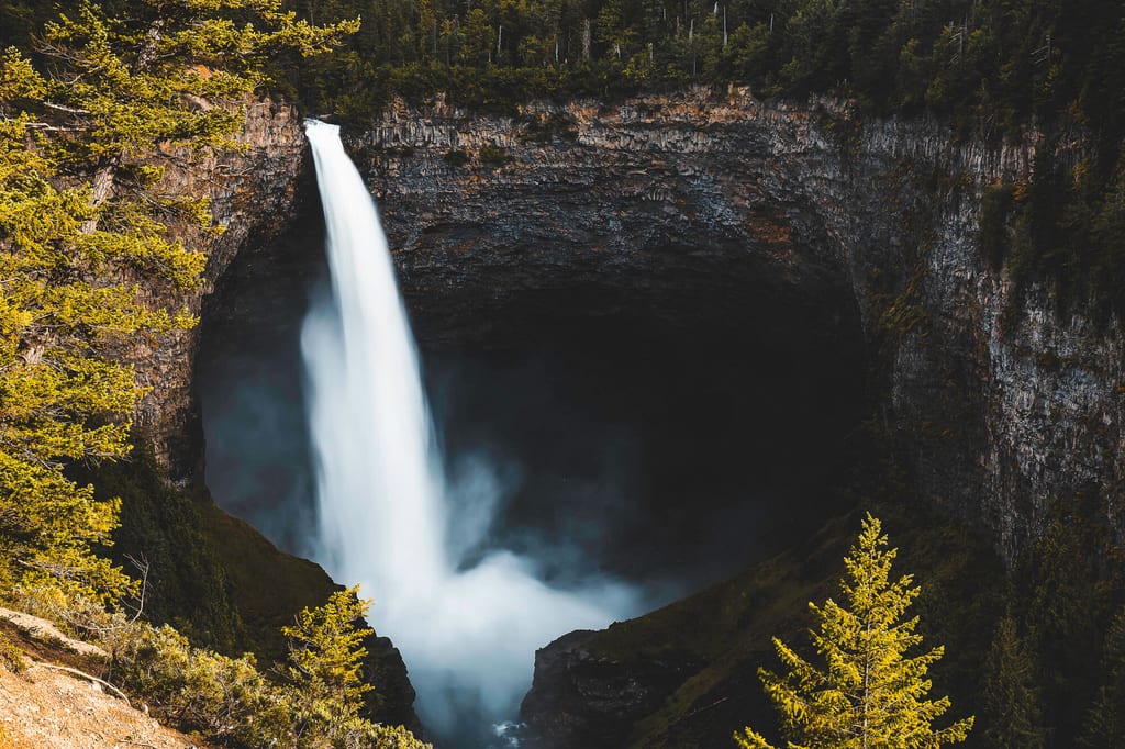 Hoher Wasserfall stürzt in eine dunkle Felskulisse, umrahmt von Nadelbäumen und Gischt.