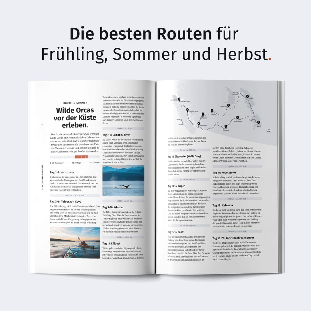 Geöffnete Magazin-Doppelseite mit Reiseartikel, Karte und Überschrift.