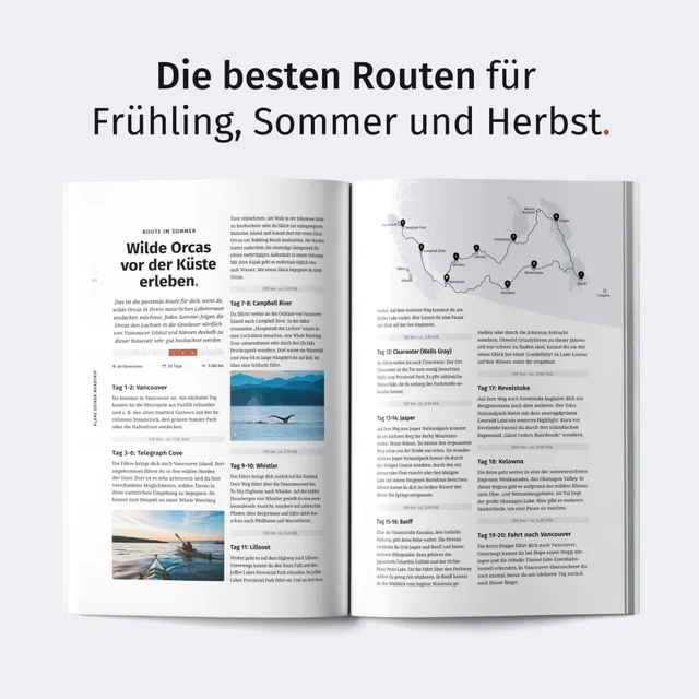 Geöffnete Magazin-Doppelseite mit Reiseartikel, Karte und Überschrift.