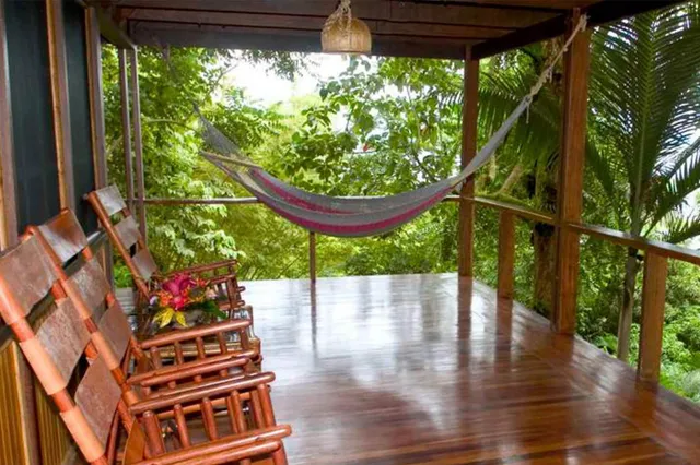 Holzveranda mit Reihenstühlen und aufgehängter Hängematte vor dichter grüner Vegetation