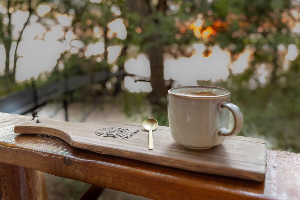 Kaffeetasse auf Holzbrett mit Löffel vor unscharfen Bäumen im warmen Abendlicht.