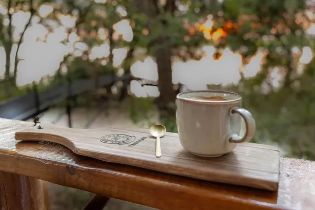 Kaffeetasse auf Holzbrett mit Löffel vor unscharfen Bäumen im warmen Abendlicht.