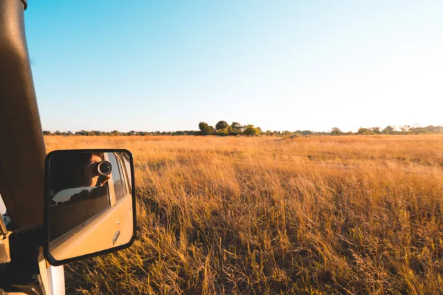 Blick über goldene Graslandschaft, Außenspiegel mit Spiegelung einer Person beim Fotografieren
