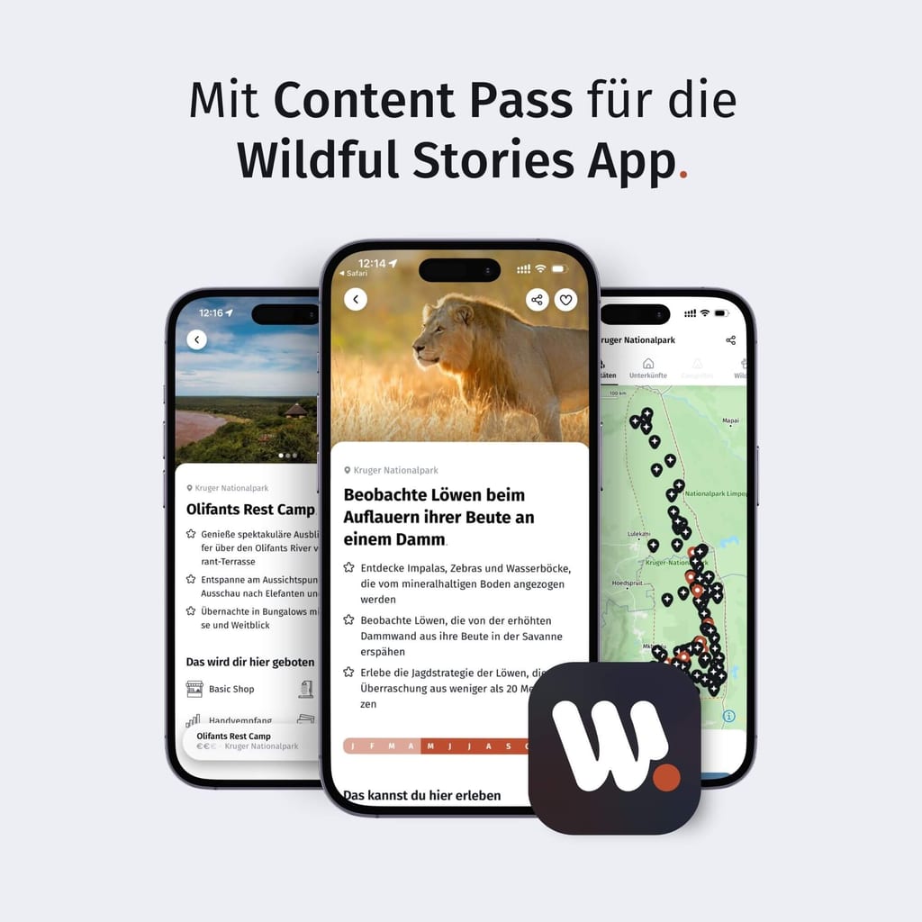 Drei Smartphones mit App-Ansichten, mittig ein Bild einer Raubkatze und App-Logo im Vordergrund.