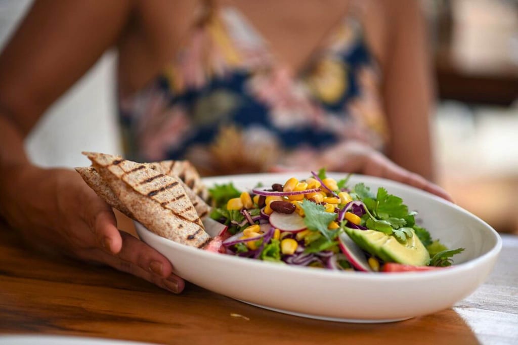 Nahaufnahme einer Schüssel mit buntem Salat und gegrilltem Fladenbrot, von einer Hand gehalten.