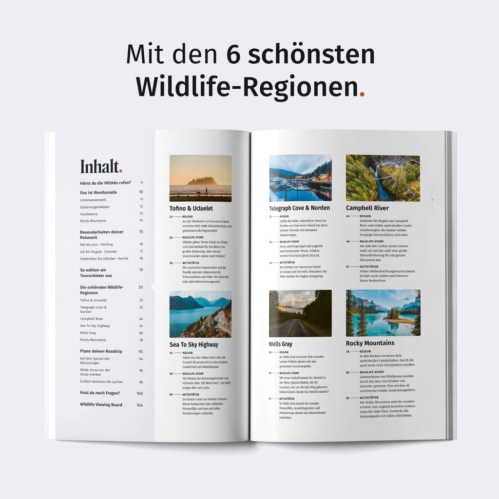 Aufgeklappte Reisemagazin-Doppelseite mit Inhaltsverzeichnis und mehreren Landschaftsporträts.