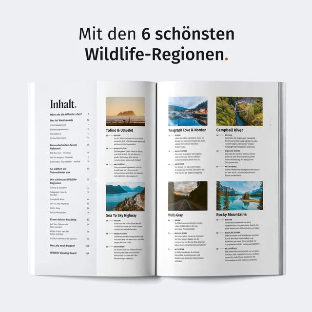 Aufgeklappte Reisemagazin-Doppelseite mit Inhaltsverzeichnis und mehreren Landschaftsporträts.
