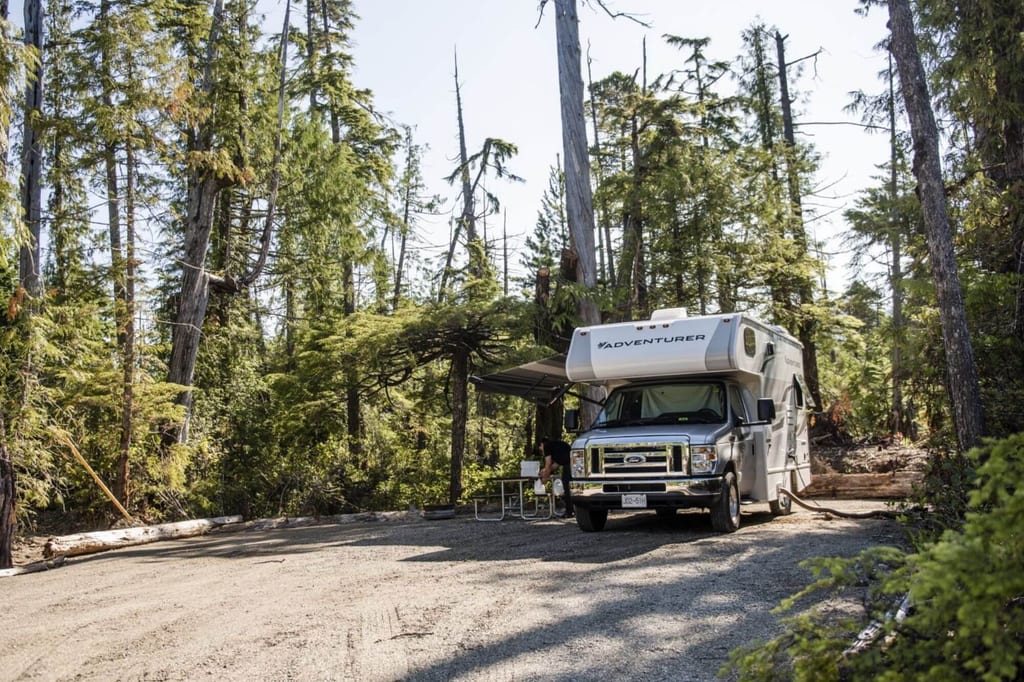 Wohnmobil auf geschottertem Stellplatz im Nadelwald, Markise ausgefahren, Nachmittagssonne