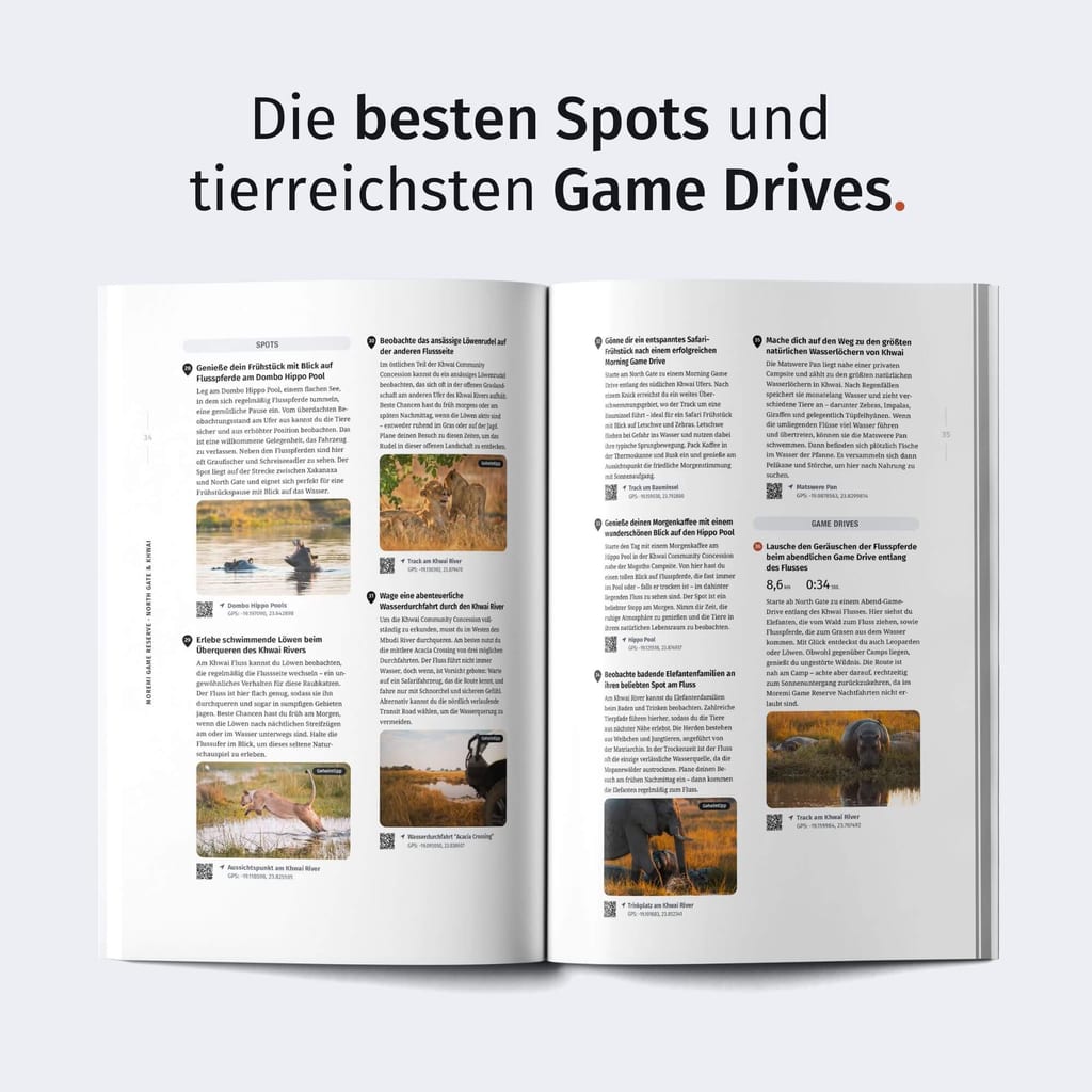 Aufgeschlagene Safari-Magazin-Doppelseite mit Text und kleinen Tierfotos.