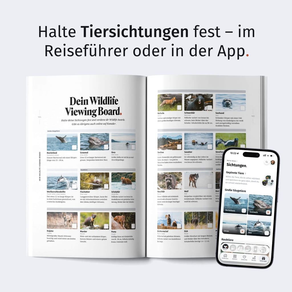 Aufgeklappte Broschüre mit Tierfotos neben Smartphone mit App für Tiersichtungen.