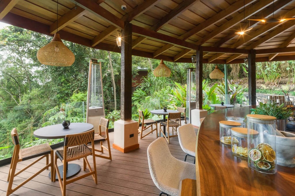Überdachte Terrasse mit Holzmöbeln und Theke, im Hintergrund dichter grüner Regenwald