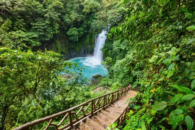 Treppe im tropischen Regenwald führt zu einem türkisfarbenen Wasserbecken unter einem Wasserfall in Costa Rica.