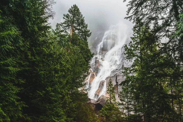 Wasserfall, eingerahmt von dichtem Nadelwald bei bewölktem Tageslicht