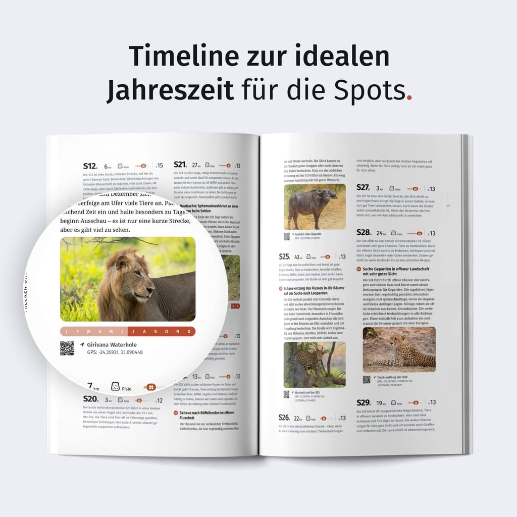 Aufgeklapptes Naturreisemagazin mit großem runden Bildausschnitt eines Tierporträts