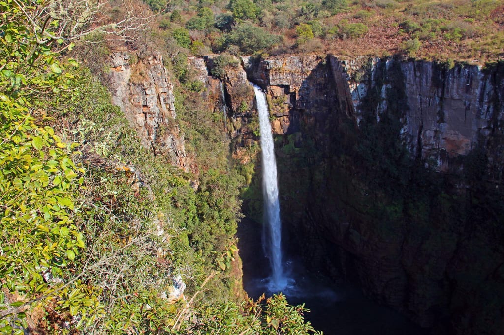Schmaler Wasserfall stürzt in dunklen Kessel zwischen steilen Felsklippen, Vordergrund mit dichtem Buschwerk
