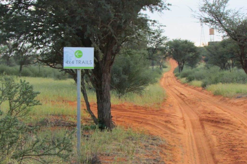 Roter Sandweg mit 4x4-Trails-Schild führt durch Buschlandschaft, Windpumpe im Hintergrund.