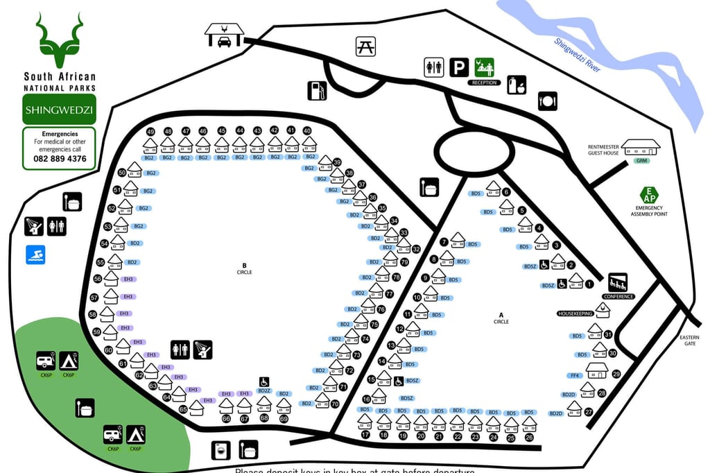 Top-down-Illustration des Shingwedzi-Campingplatzes mit nummerierten Stellplätzen, Piktogrammen und Fluss
