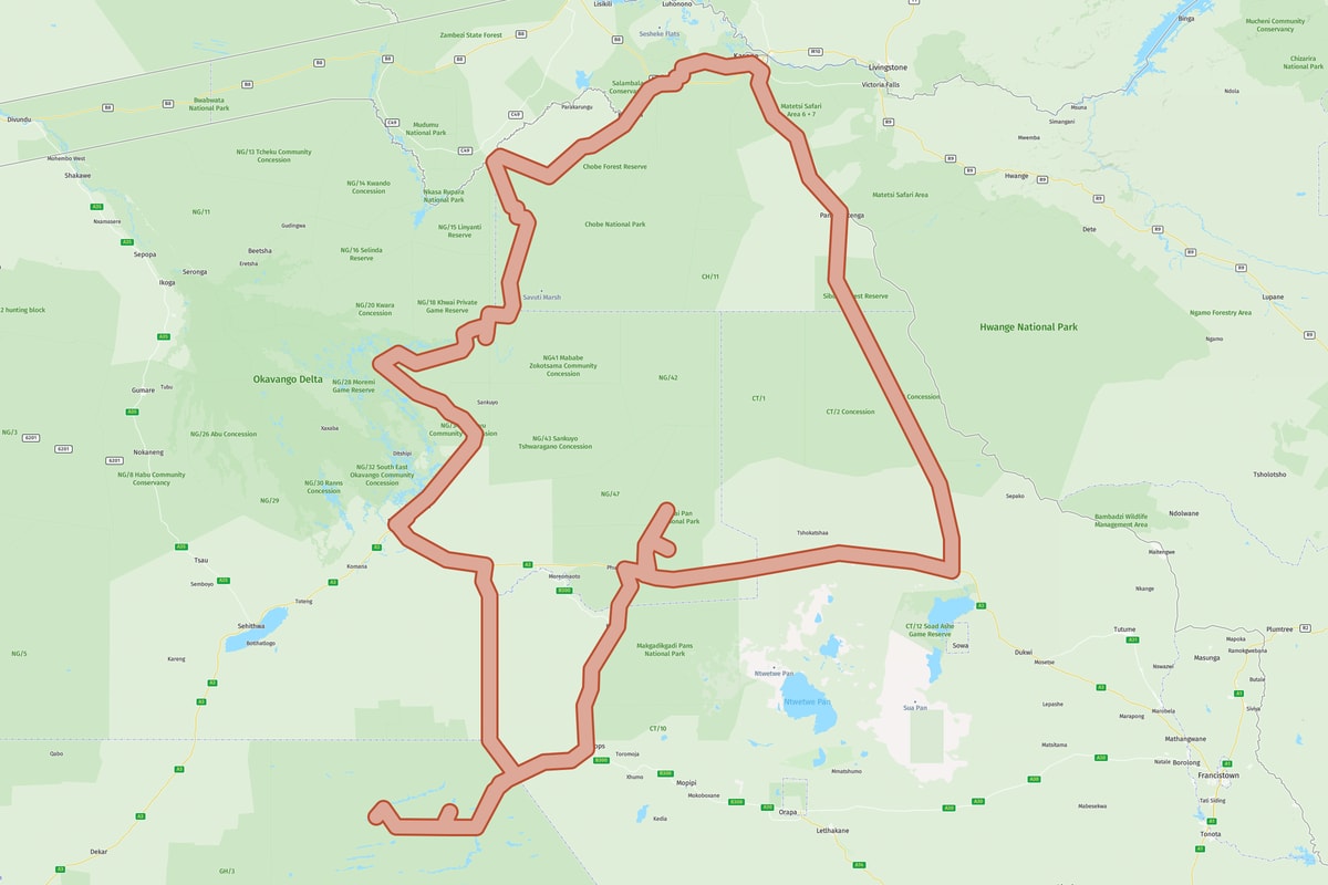 Map of the route Discover Botswana's highlights without detours