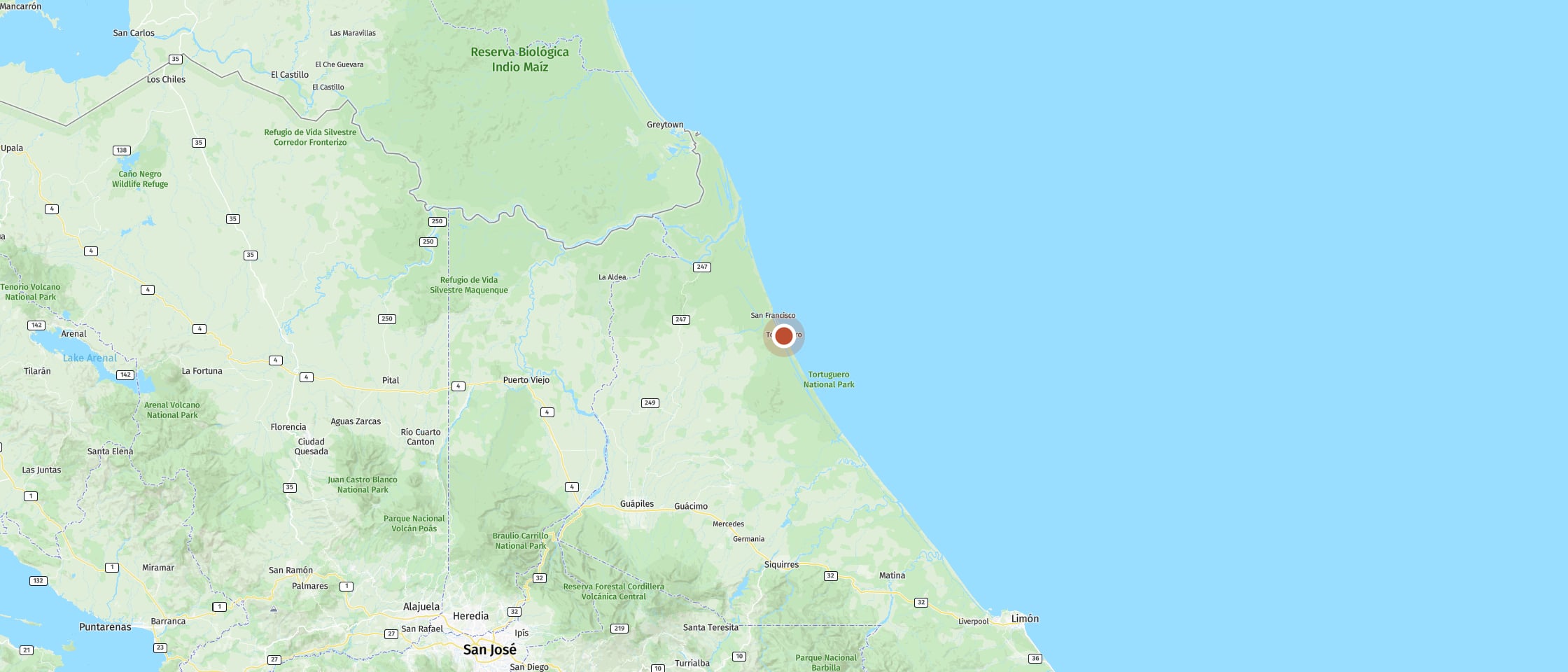 Map: Explore Tortuguero’s canals comfortably by boat