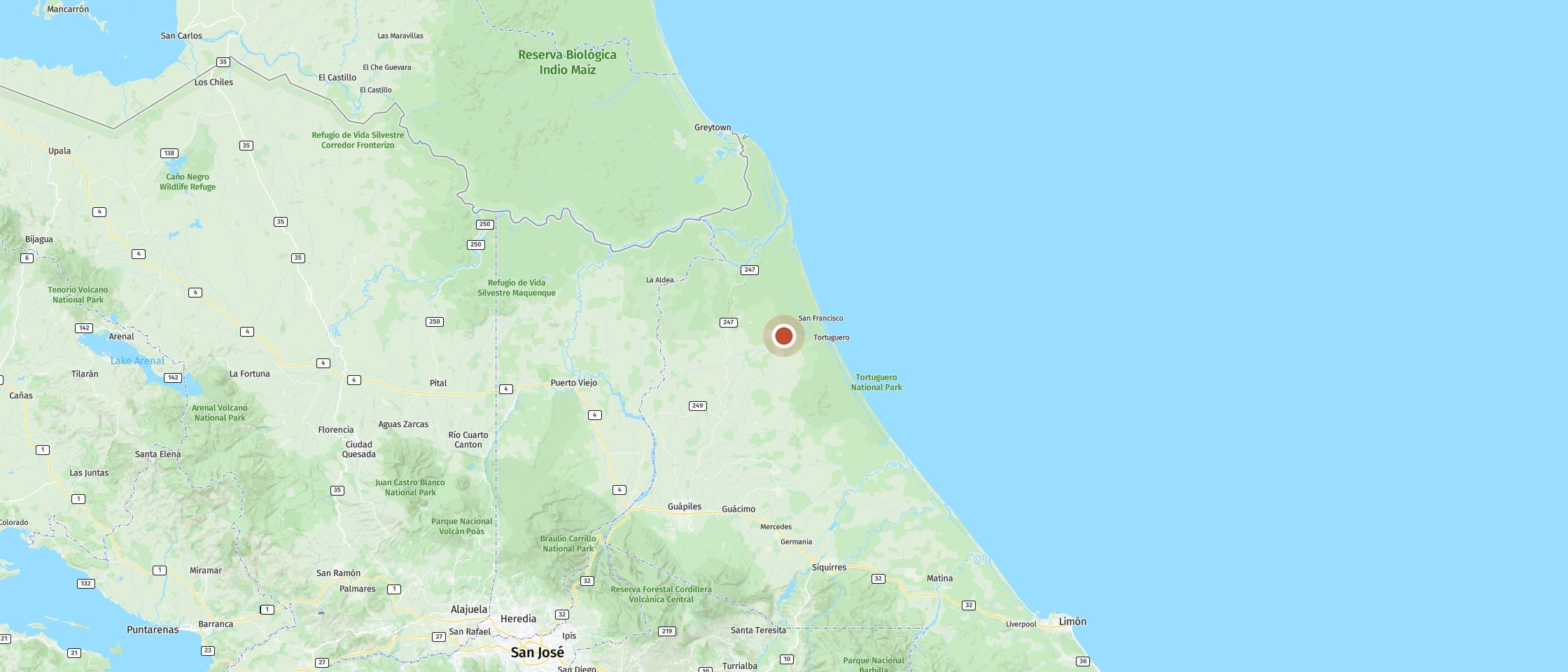 Map: Use the boat transfer as the only way to reach Tortuguero