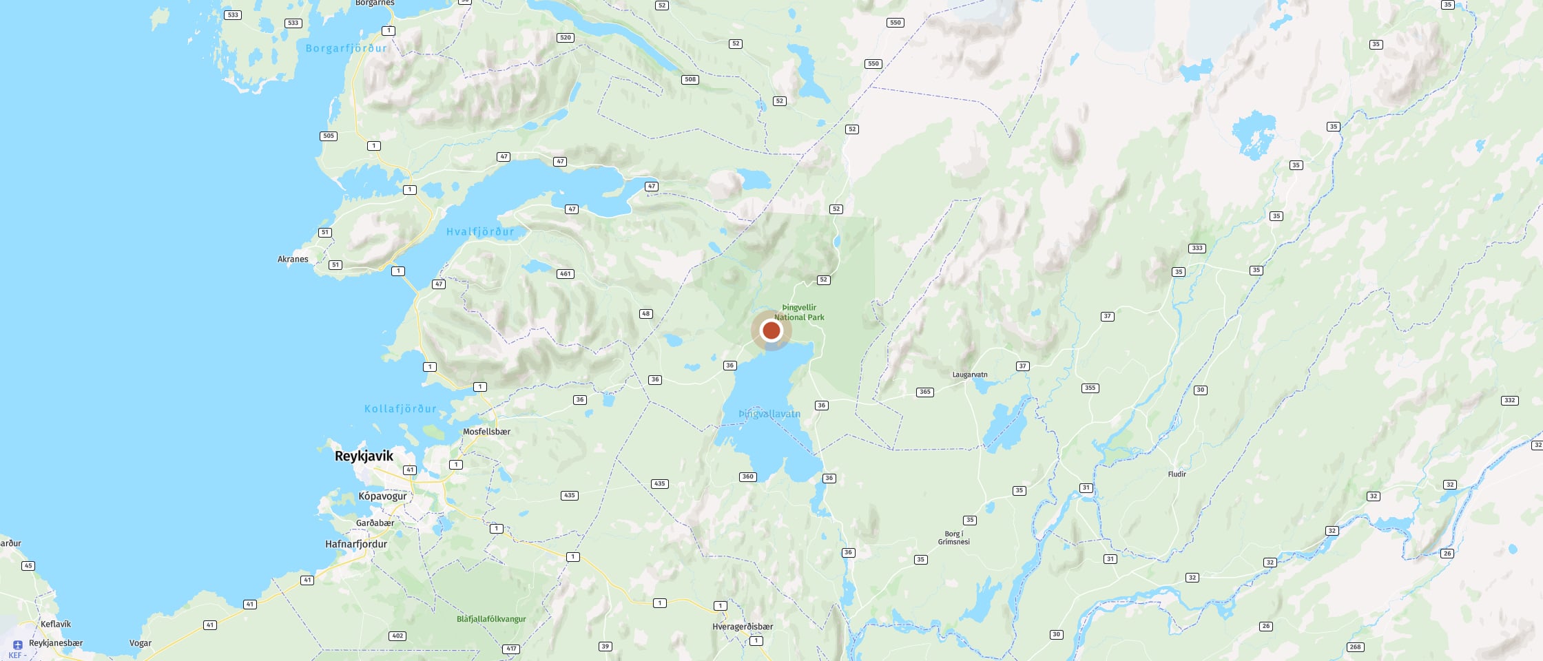Map: Hike to a waterfall through the national park where continents drift apart