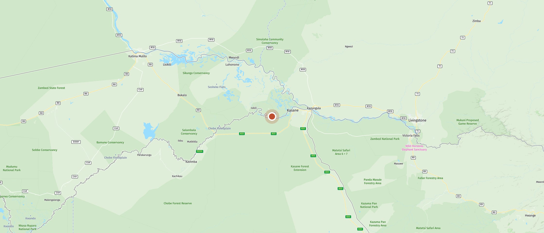 Map: Follow the track through the bushland away from the Chobe River