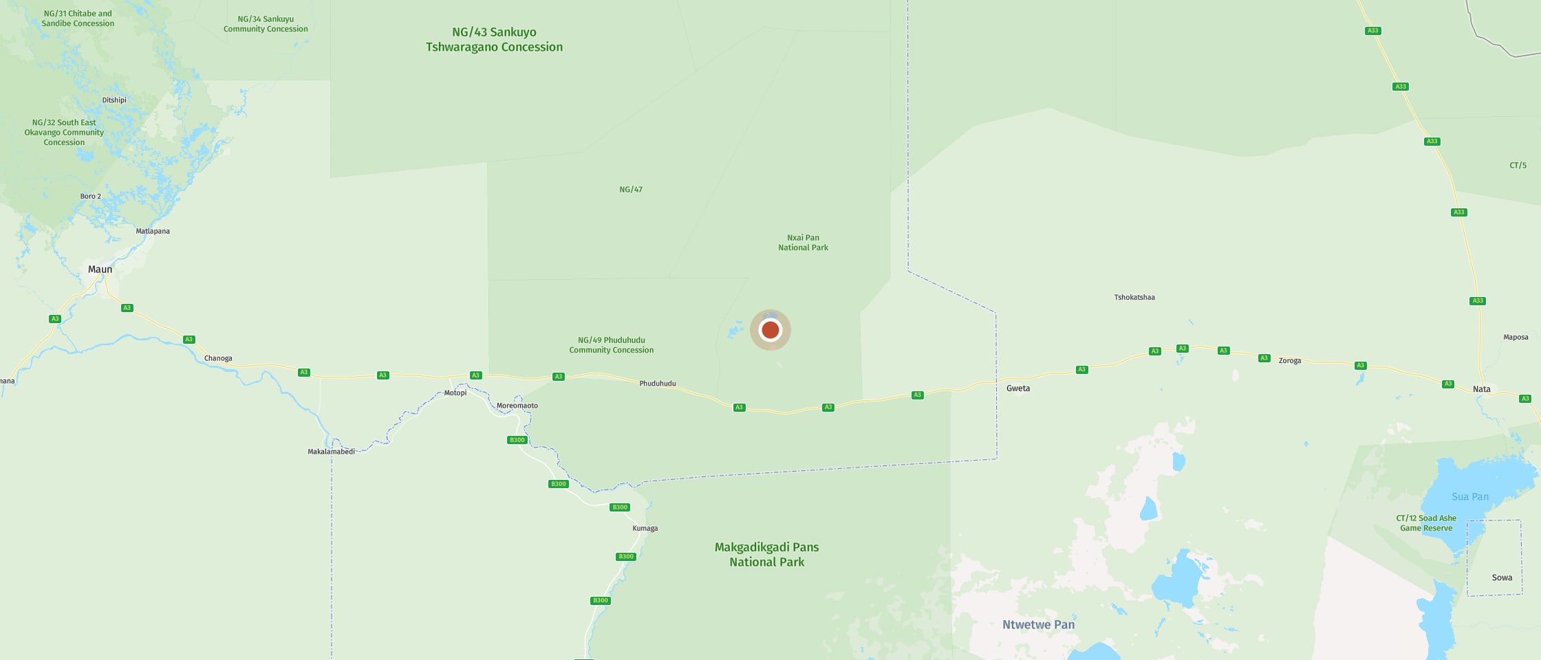 Map: Watch flamingos on the pan in front of the Baines' Baobabs